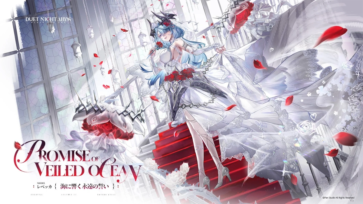 白いウェディングドレスをまとった青髪の女性が、赤いバラと花びらが舞う幻想的な階段に立つイラスト