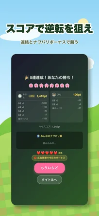 モバイルゲームの勝利画面。プレイヤーが5連勝でCPUに勝利し、スコアの内訳とハイスコアが表示されています。