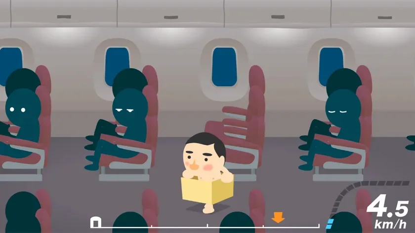 飛行機の通路を段ボール箱に入った男性が移動しているコミカルなイラスト