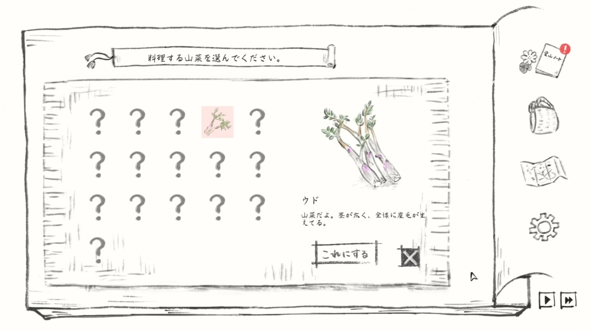 料理する山菜を選んでください。 山ノート ウド 山菜だよ。茎が太く、全体に産毛が生えてる。 これにする