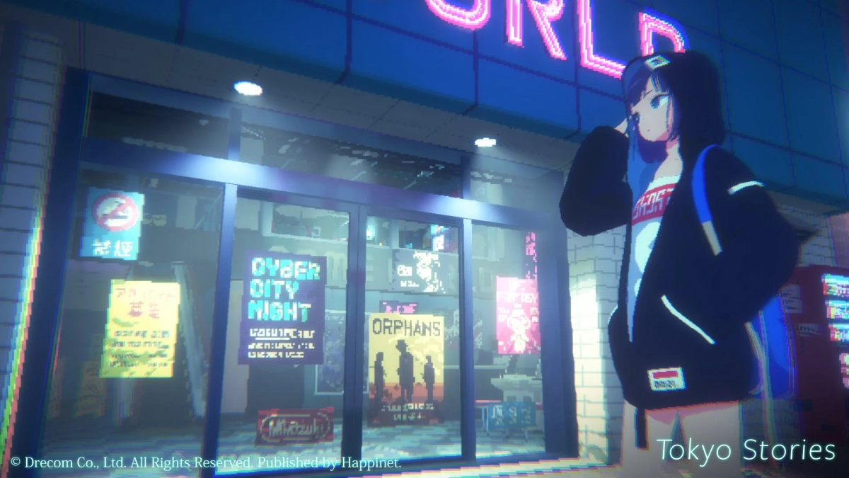 ネオン輝く夜の街角に立つ少女