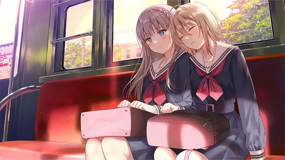 バスで居眠りする女子生徒と見守る友人