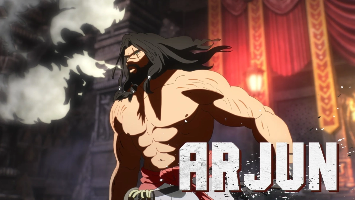 アニメ調の画像で、長髪と髭を持つ筋肉質な男性キャラクター「ARJUN」が、赤い布と提灯が背景のドラマチックなシーンに立っています。左には煙のようなエフェクトが見られます。