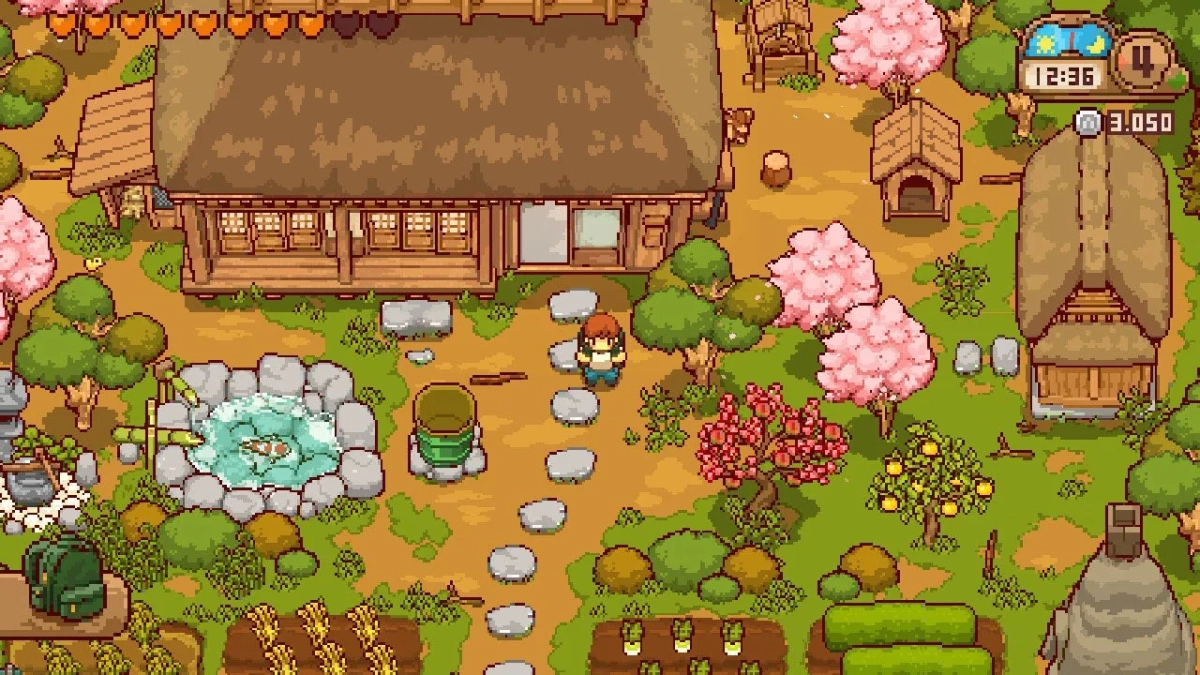 のどかな田園風景を描いたピクセルアートのゲーム画面