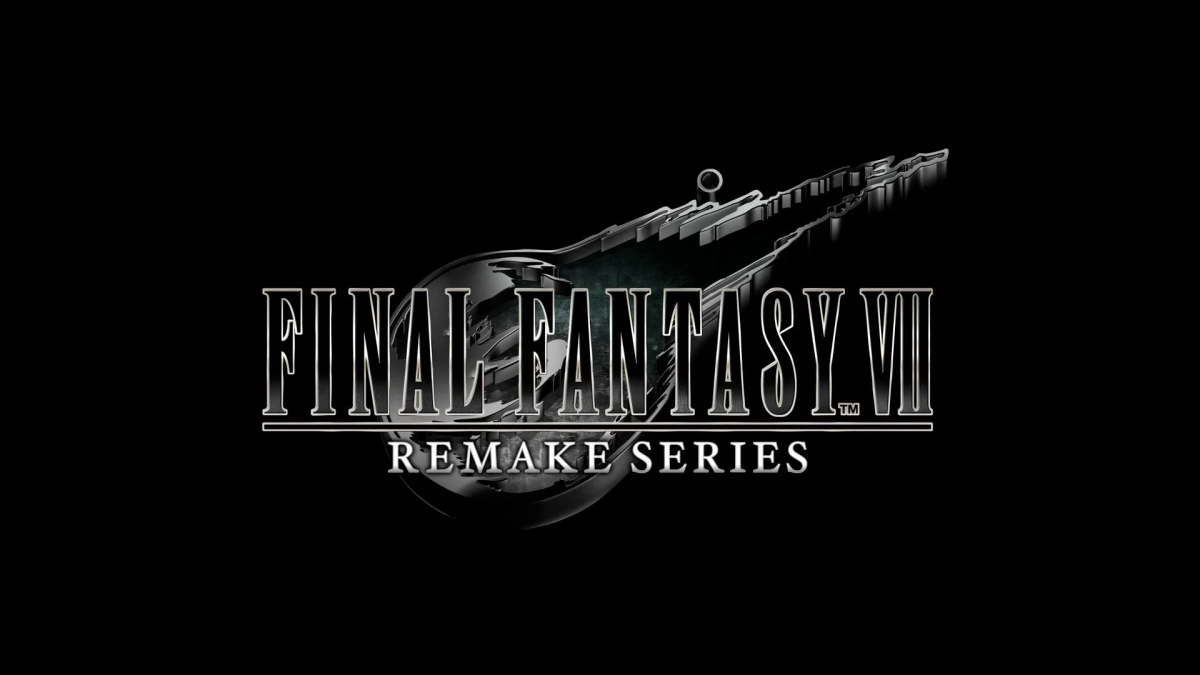 黒い背景に「FINAL FANTASY VII REMAKE SERIES」のロゴが大きく表示されています。メテオをモチーフにしたデザインが特徴的で、ゲームシリーズのタイトル画面や宣伝ビジュアルとして使用されるものです。
