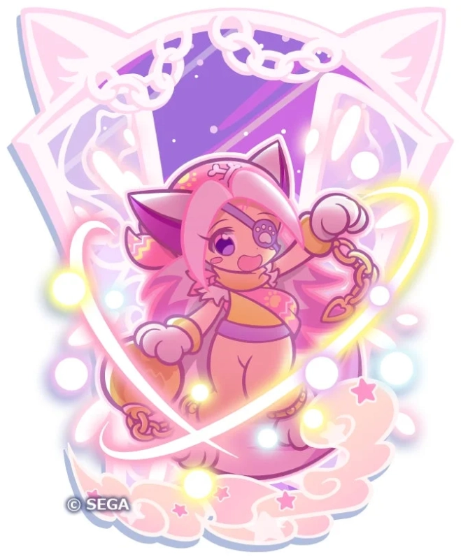 ピンクの髪と猫耳を持つ眼帯のキャラクターが、きらめく光と鎖に囲まれ、魔法のような雰囲気の中で微笑んでいます