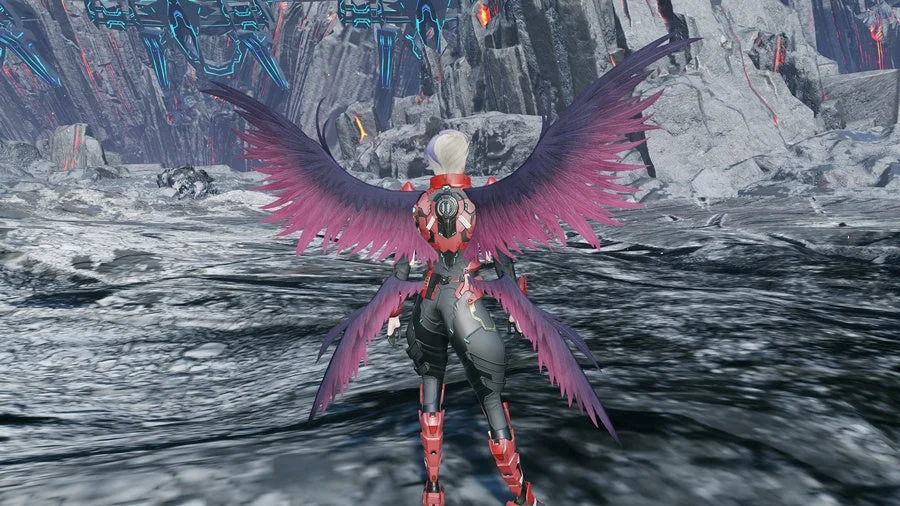 SFファンタジーゲームのキャラクターが、荒涼とした岩場のフィールドに立っている後ろ姿の画像です。