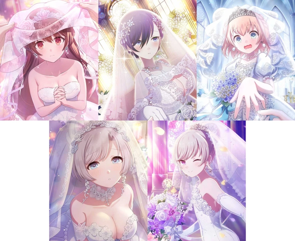 5人のウェディングドレス姿の女の子、教会背景