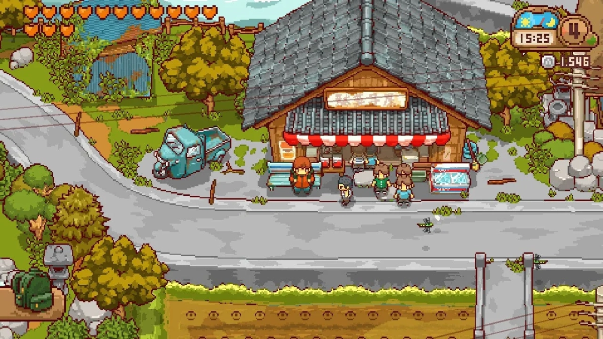 日本の田舎の商店街の風景を描いたピクセルアートのゲーム画面