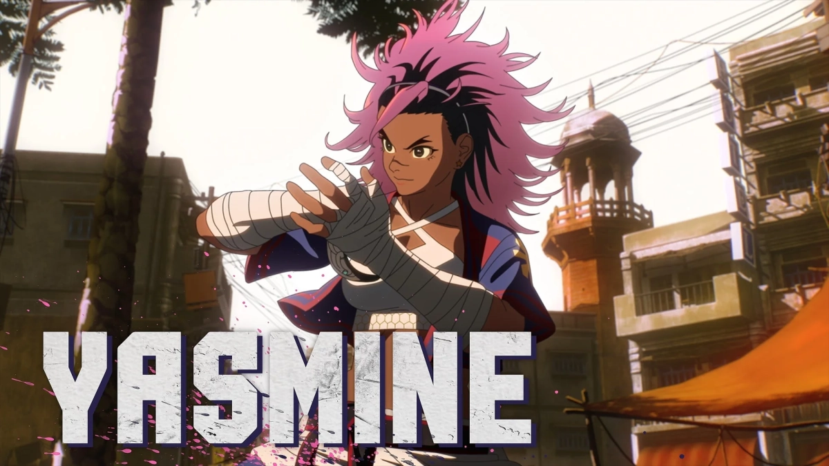 ピンク色の髪をしたアニメ風の女性キャラクター「YASMINE」が、手の包帯を巻いた格闘家のようなポーズをとっています。背景は異国情緒あふれる都市の風景です。