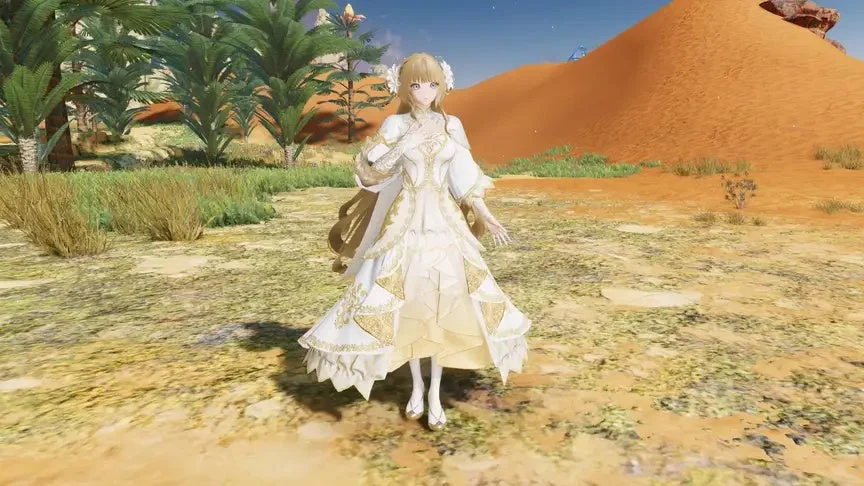 白と金色の豪華なドレスをまとった金髪のアニメ風の少女が、ヤシの木や砂丘のある砂漠のような風景の中に立っている。