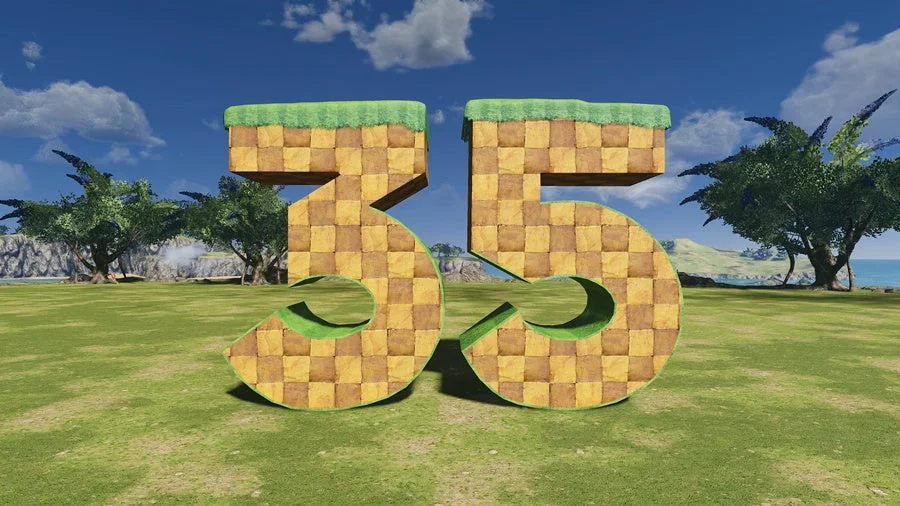 ソニックシリーズのグリーンヒルゾーンを彷彿とさせるブロックテクスチャで飾られた巨大な「35」の数字が、広大な草原に立っています。