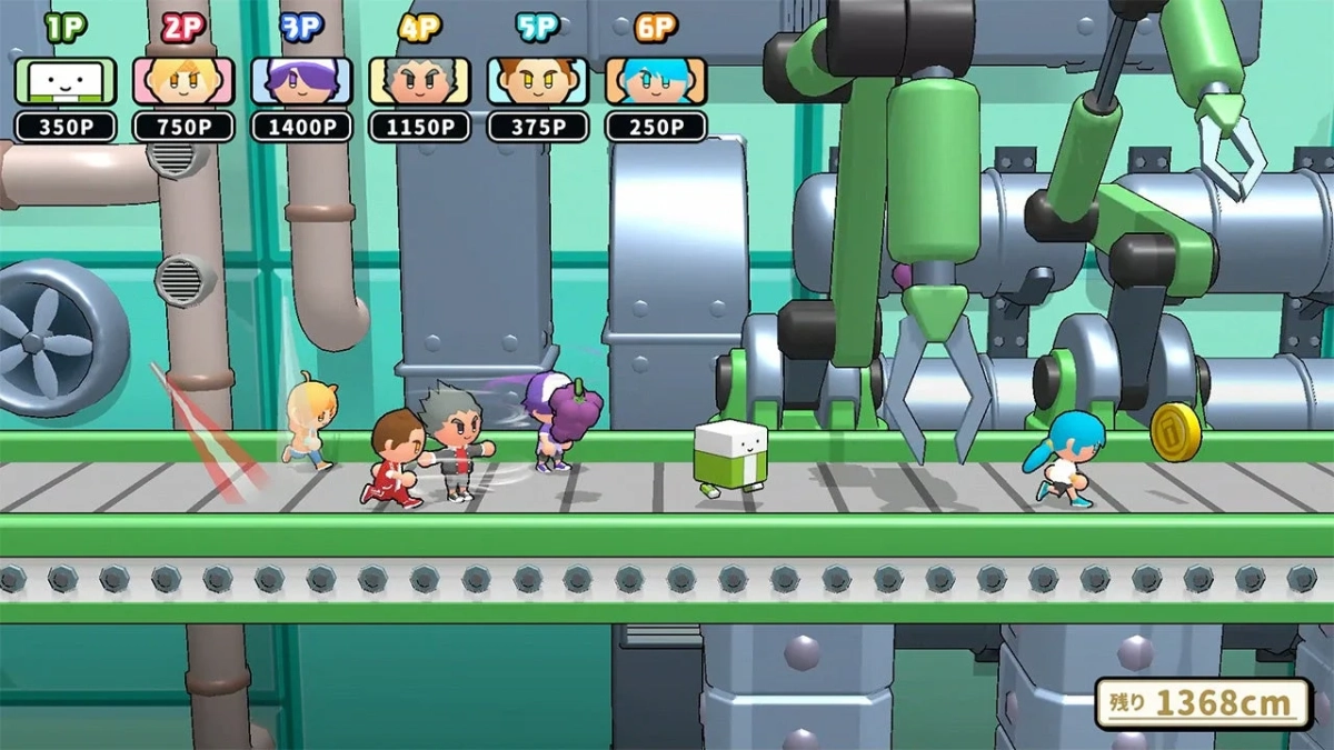 工場のようなステージで、複数の可愛らしいキャラクターたちがベルトコンベアの上を走るゲーム画面