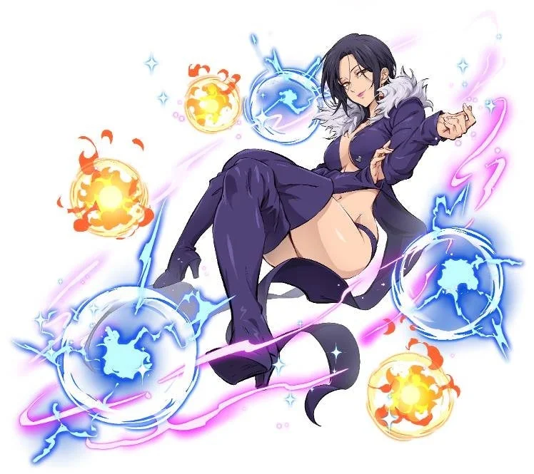 紫色のコートとブーツを身につけた黒髪の女性キャラクター