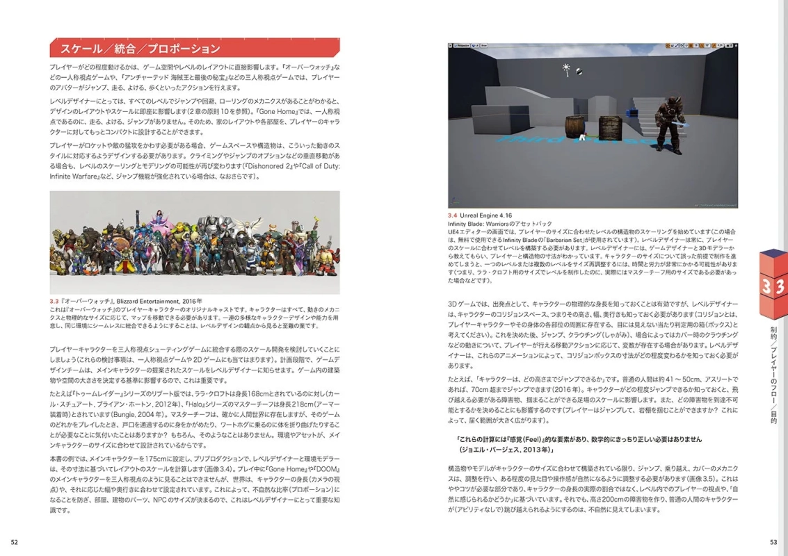 ゲームデザインにおけるスケール、統合、プロポーションの重要性を解説する書籍ページ