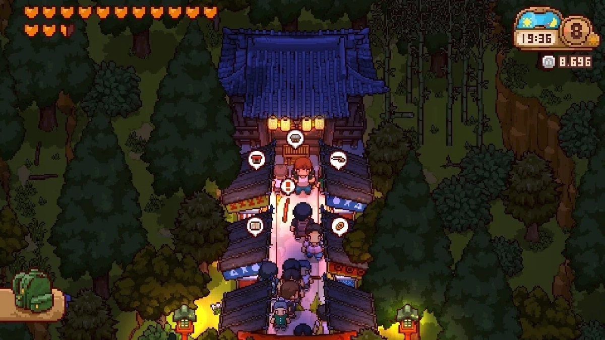 夜の森の中にある和風の神社または寺院のゲーム画面