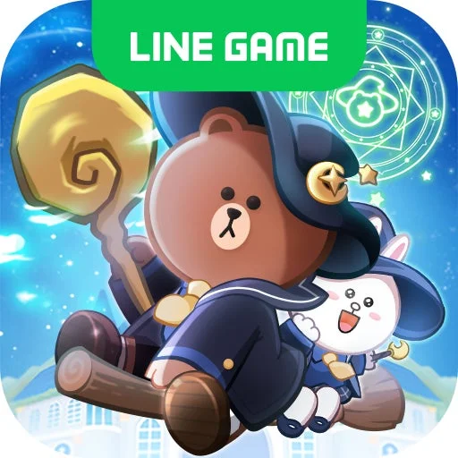LINE GAMEのロゴとキャラクターが飛ぶイラスト