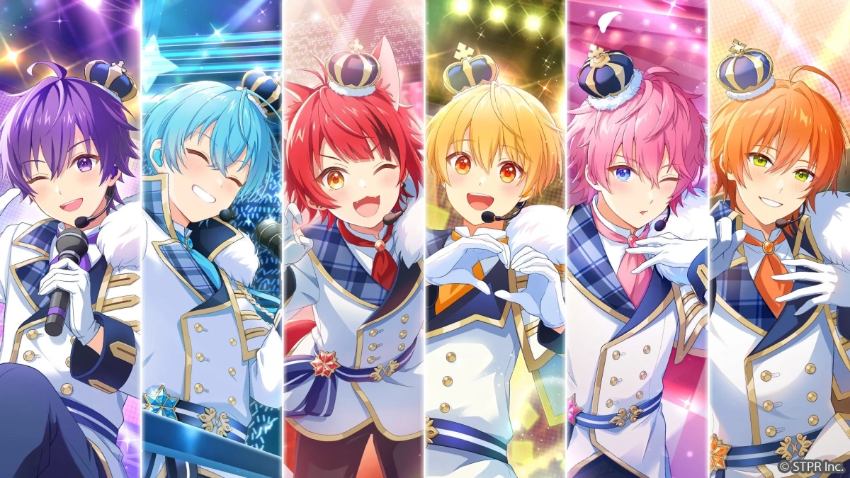 華やかな王子様風の衣装を身につけた6人のアニメ風男性キャラクター
