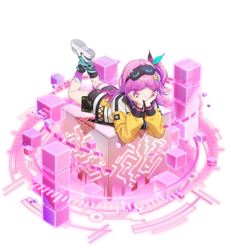 ピンクの髪の少女が光るキューブの上でリラックスして寝そべっているイラスト