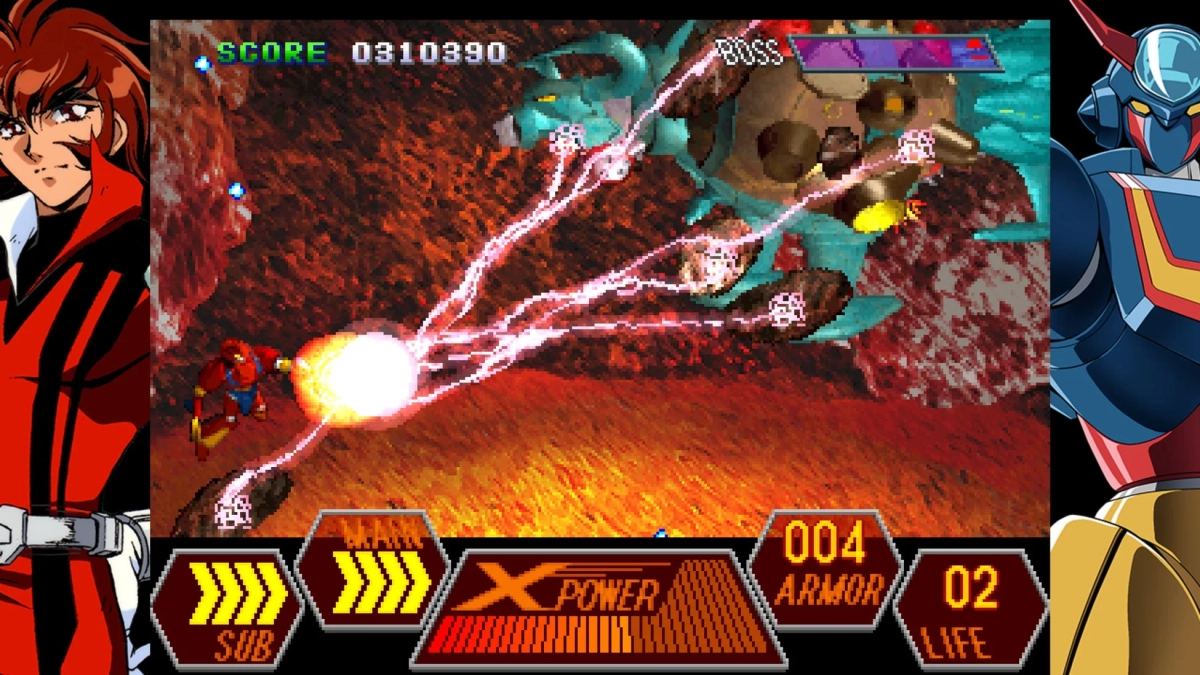レトロな横スクロールシューティングゲームのプレイ画面