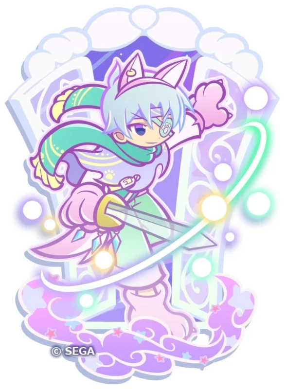 パステルカラーで描かれた、ネコ耳と眼帯が特徴の少年キャラクター