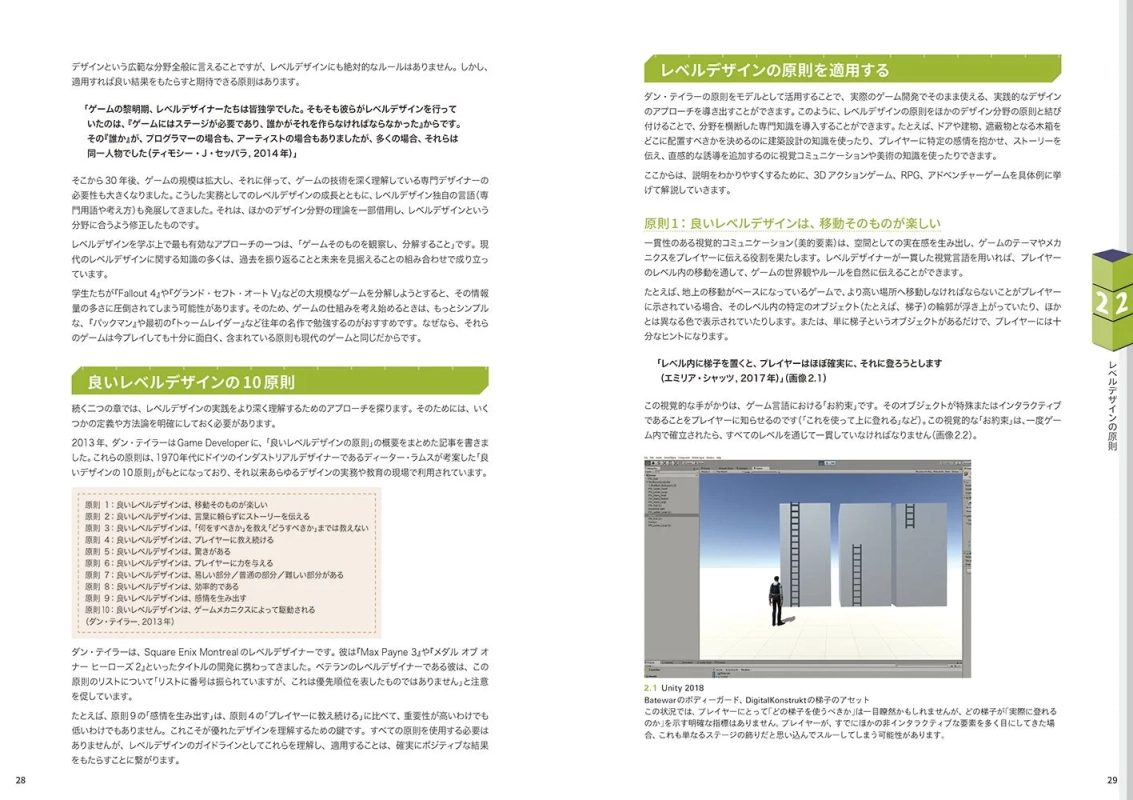 レベルデザインの10原則がリスト化された書籍ページ