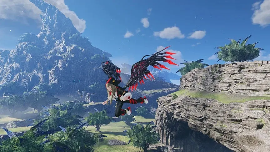 広大な山岳地帯の上空を、大きな翼を持つキャラクターが飛行しているゲーム画面です。