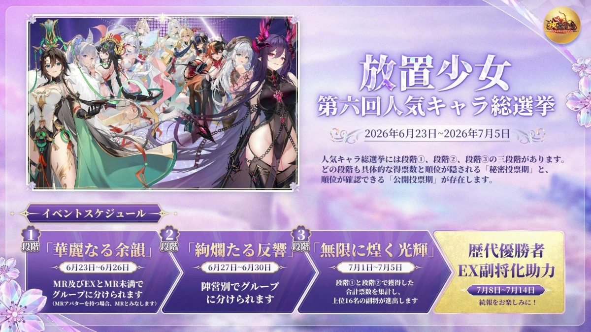第六回人気キャラ総選挙のスケジュールと歴代優勝者EX副将化助力イベントの告知画像