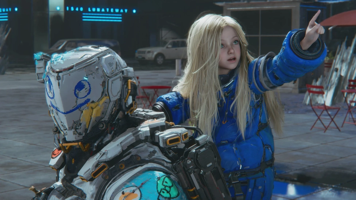 少女とロボットが街を指差す