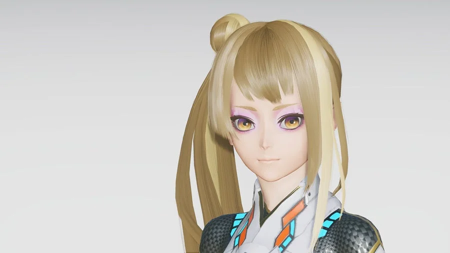 ブロンドの髪をポニーテールにした3Dアニメスタイルの女性キャラクターのポートレート。