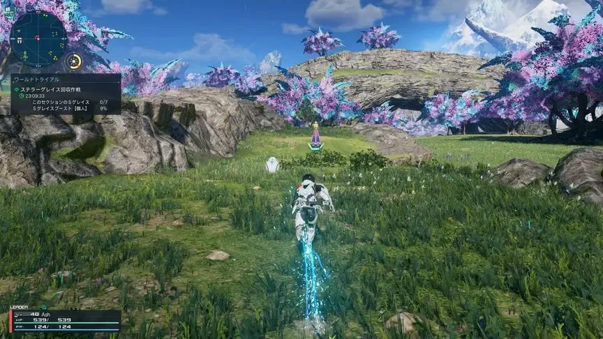 SFファンタジーゲームの広大なフィールドを、プレイヤーキャラクターが青いエフェクトを出しながら走る。