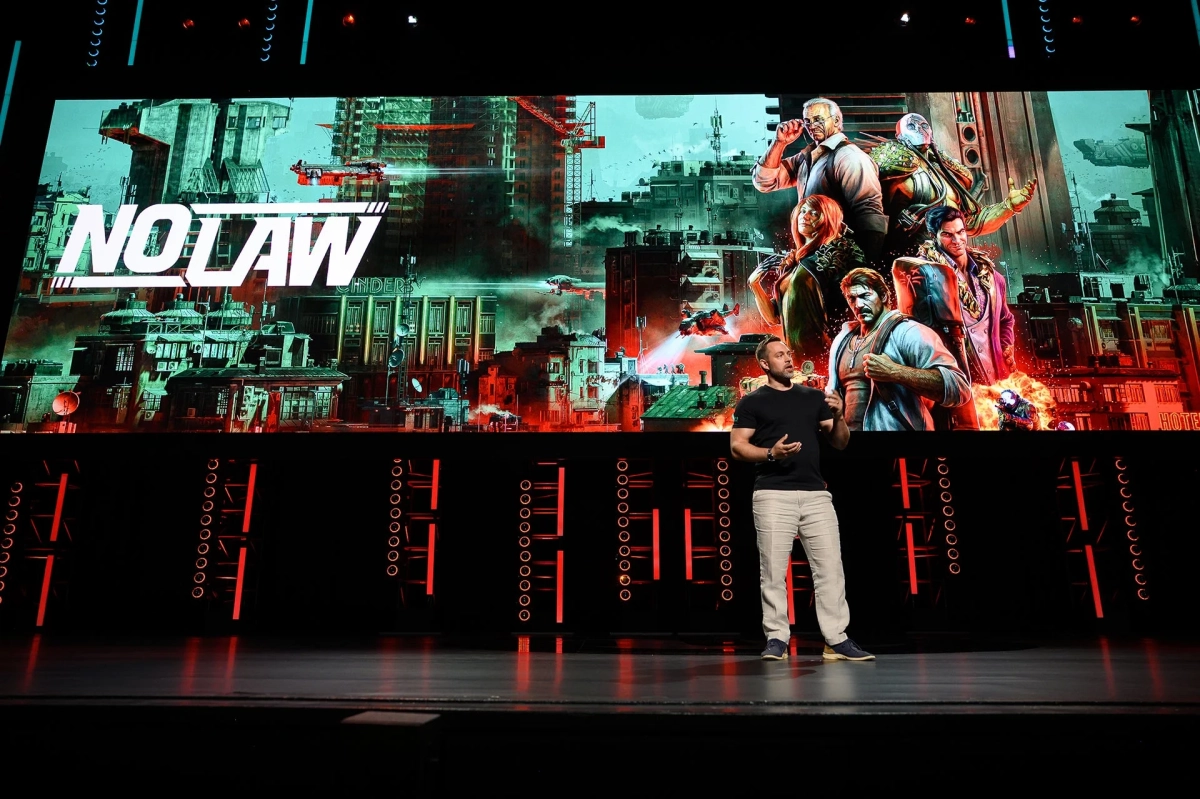 講演中のスクリーンとNO LAWのイメージ