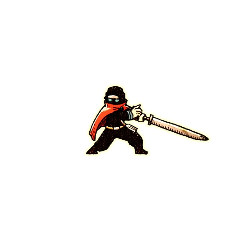 黒い衣装と赤いマントのキャラクターが剣を構えているイラスト