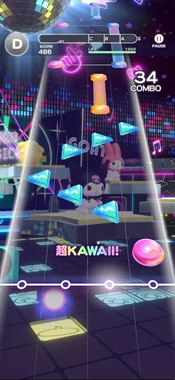 サンリオキャラクターのリズムゲーム画面