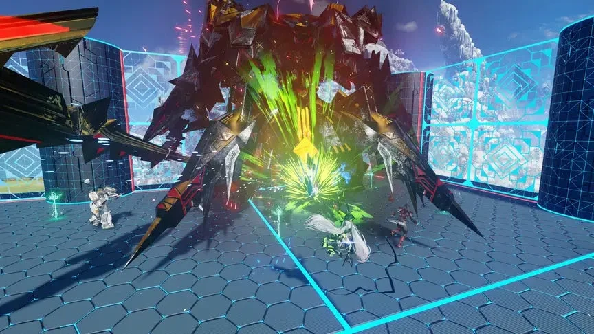 巨大なメカボスと複数のプレイヤーが未来的なアリーナで戦うSFアクションゲームのボス戦シーン。