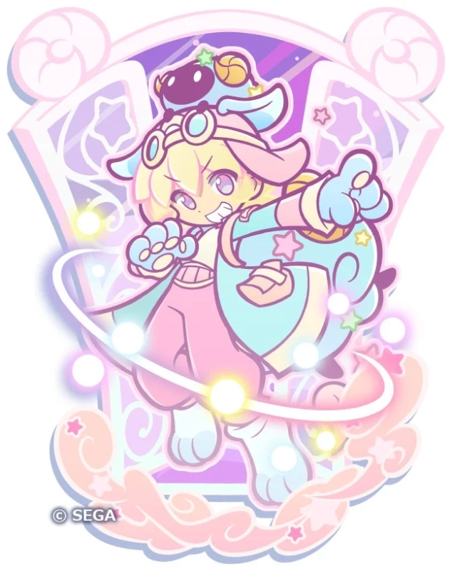 パステルカラーを基調とした、星や魔法のエフェクトに囲まれたキュートなキャラクターのイラスト
