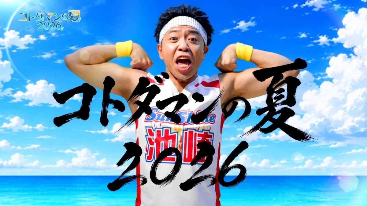 「コトダマンの夏 2026」と書かれた夏のプロモーション画像。青い空と海を背景に、ヘッドバンドとアームバンドを着用した男性が力強くポーズをとり、元気いっぱいに叫んでいる。イベントの活気や楽しさを伝えるビジュアル。