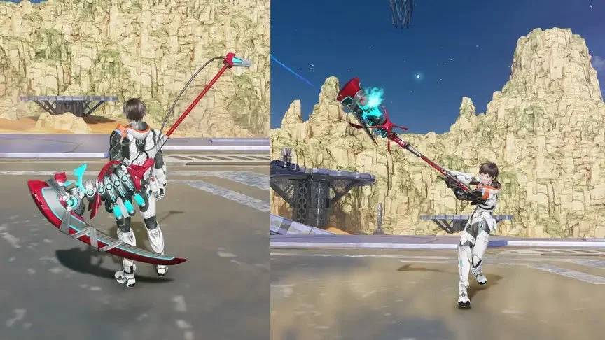 SF風のゲームキャラクターが大型の武器を背負い、構える