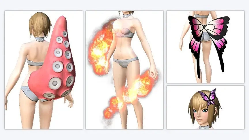 女性の3Dキャラクターモデルが、タコの触手、炎のエフェクト、蝶の羽、蝶のヘアクリップといった様々なファンタジー要素のアクセサリーを身につけている様子