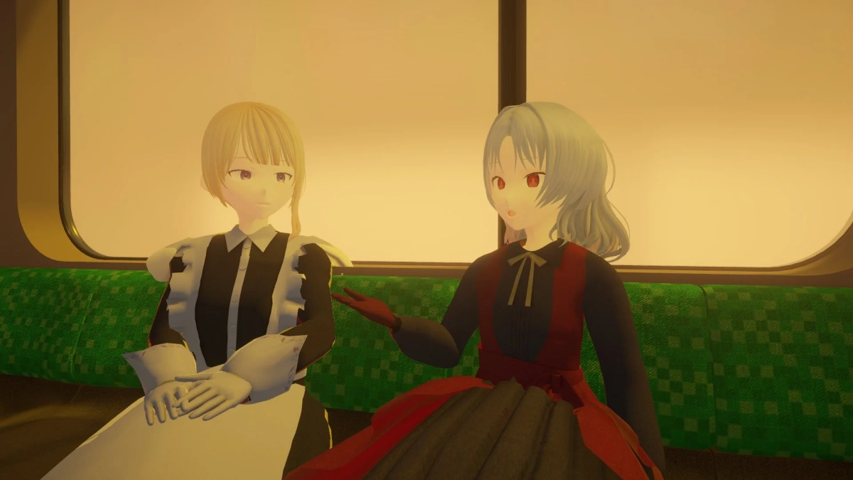 電車のような乗り物の車内で会話する少女たち