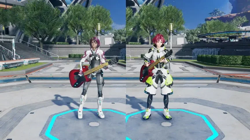 未来的な屋外ステージのような場所で、2人のキャラクターが赤いエレキギターを抱えて立っています。