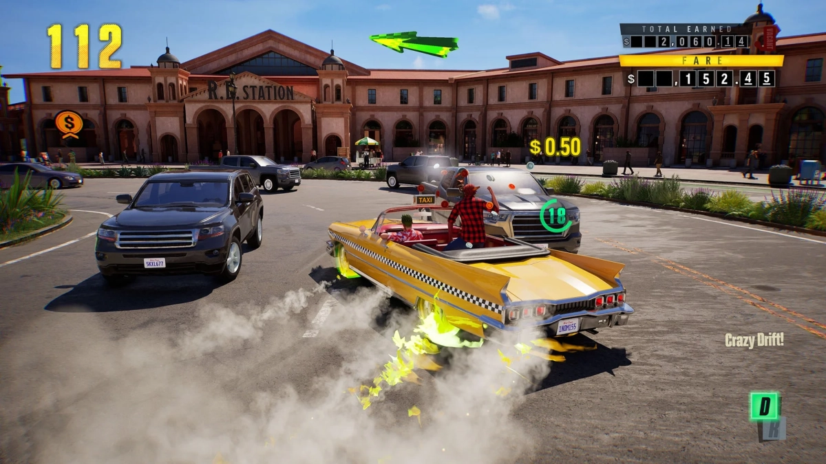 ビデオゲーム,カーレース,ドリフト,タクシー,オープンカー,駅,都市,アクション,ゲーム画面,UI,スコア,お金