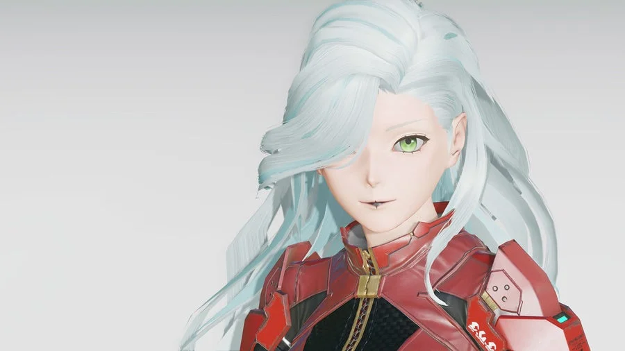 水色の長髪と緑色の瞳を持つアニメ調の女性キャラクターが、赤い未来的な衣装を身につけて微笑んでいるポートレート。