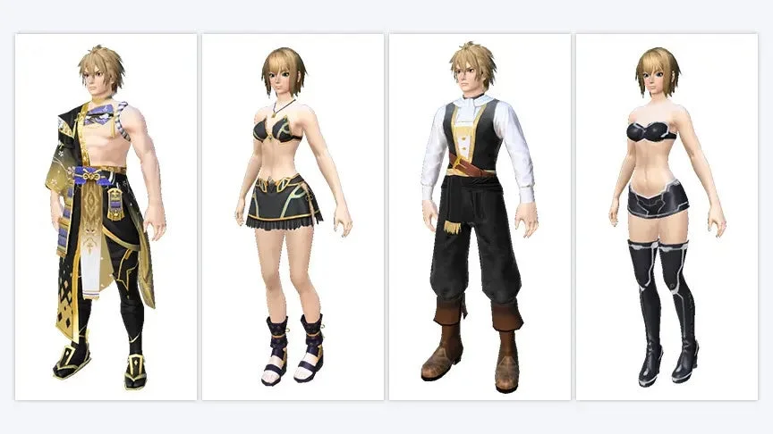 異なる衣装を着用した男性2体、女性2体の3Dキャラクターモデルが並んでいます。