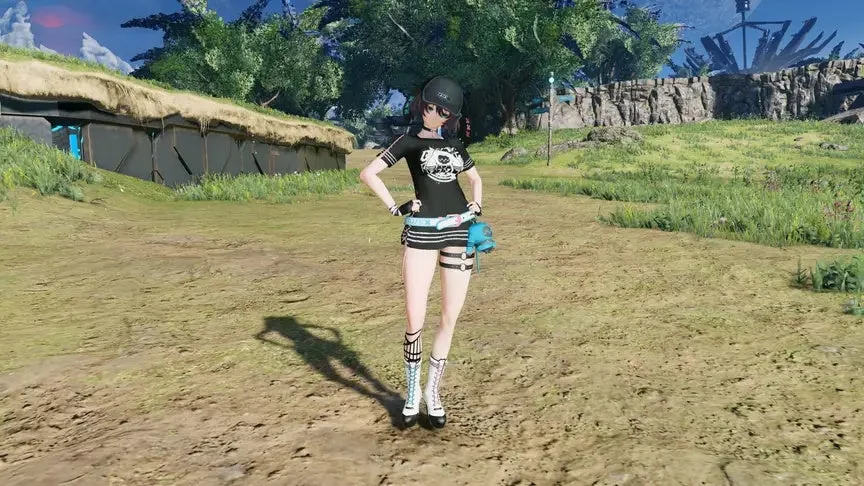 黒いTシャツとショートパンツ姿のアニメ調の女性キャラクターが、両手を腰に当ててポーズをとっている。