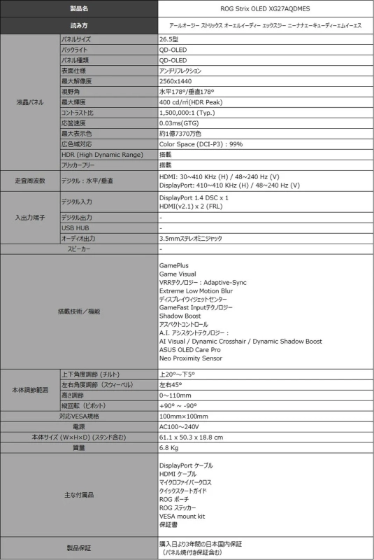 ROG Strix OLED XG27AQDMES 製品仕様