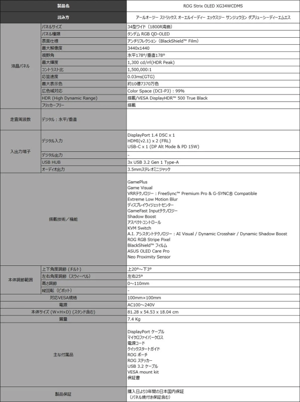 ROG Strix OLED XG34WCDMS 製品仕様