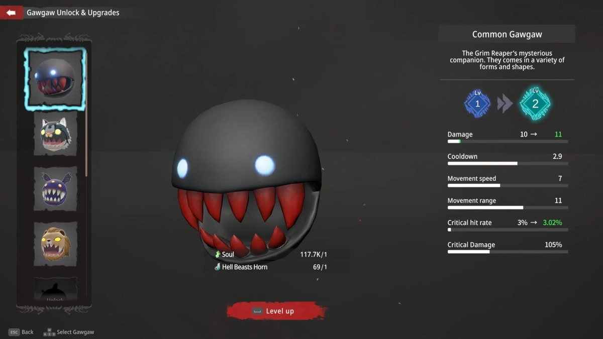 ゲームのGawgawというキャラクターのアップグレード画面です。灰色の丸いモンスター「Common Gawgaw」のステータスが表示されています。