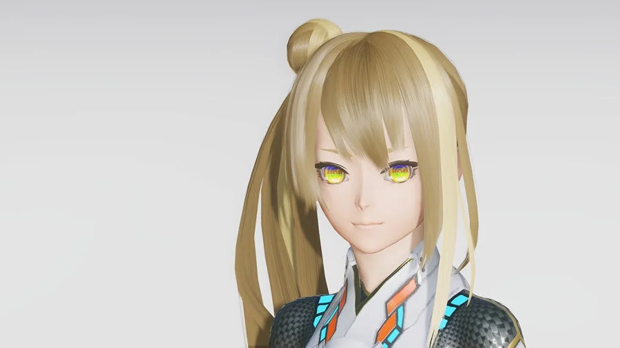 金髪のポニーテールが特徴的なアニメ風の女性キャラクターの3Dモデルです。