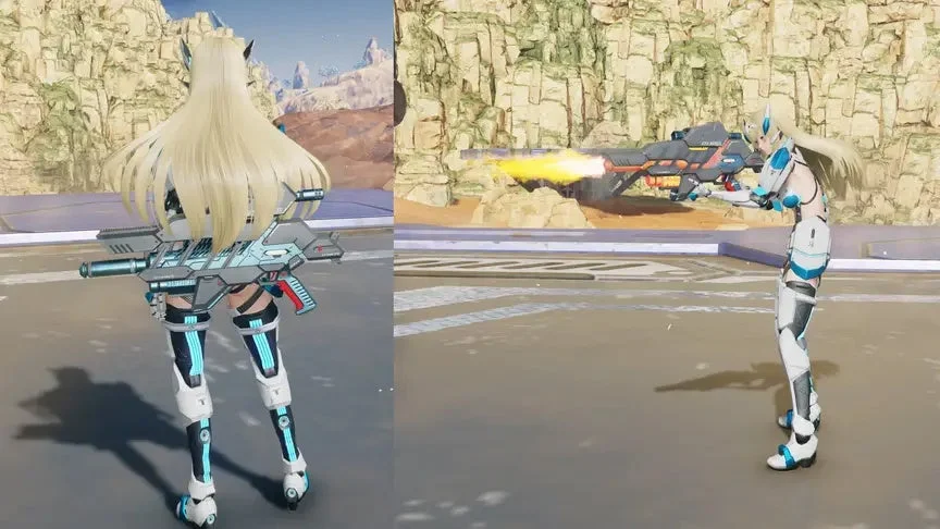 SF風の衣装をまとった女性キャラクターがライフルを構え、発砲する